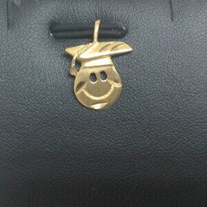 14K Yellow Real Solid Gold Smiley Face Graduation Cap Charm Pendant 1gr